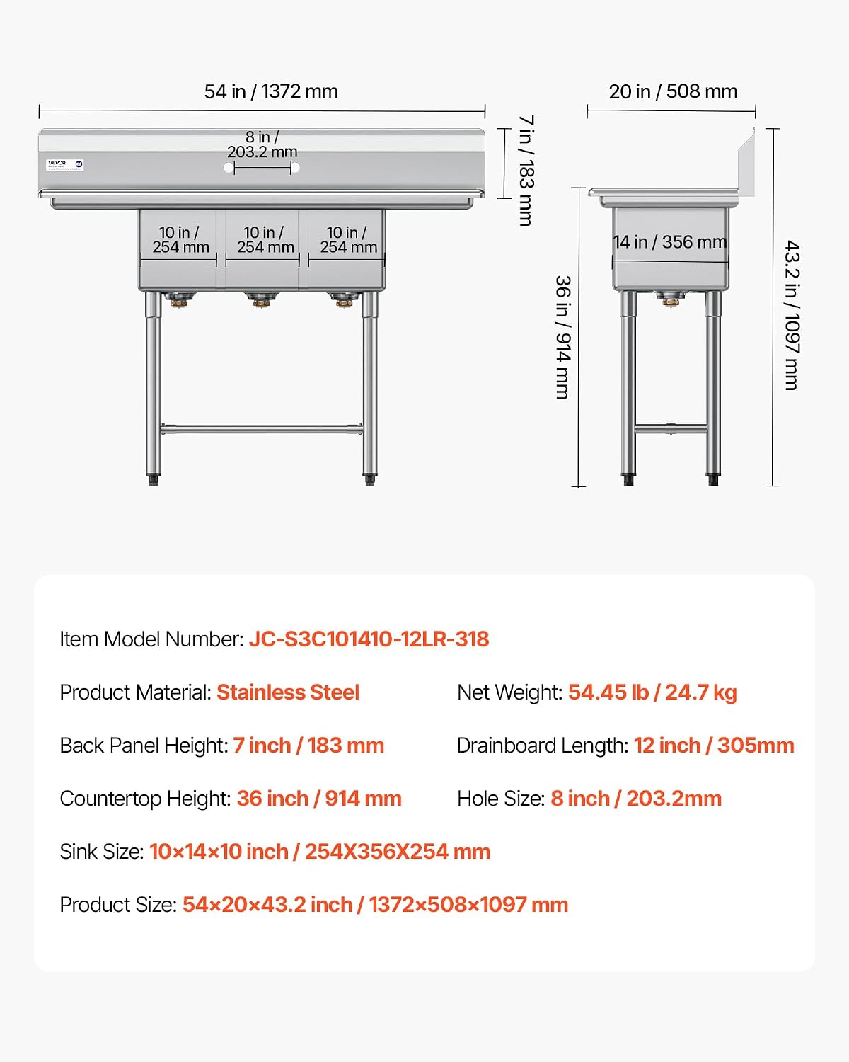 VEVOR 3 Compartment Sink, 18-Gauge 304 Stainless Steel, 10' x 14' x 10' Bowl Size, 3 Bay Commercial Kitchen Prep & Utility Sink with 2 Drainboards and Backsplash for Restaurant, Food Truck & Home Use