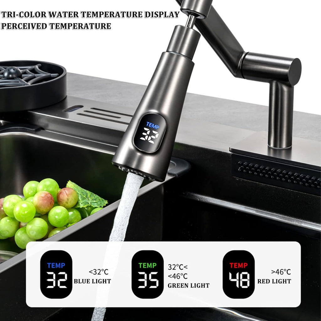 304 Stainless Steel Waterfall Sink Single Bowl Kitchen Sink Multi-Function Bar Prep Sink with Collapsible Faucet and Cup Washer Drop in Or Under Mount (Grey-68x46x21cm