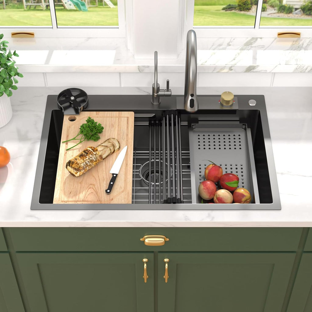 33x22 Gunmetal Black Drop In Kitchen Sink with Faucet, Waterfall Feature & Cup Washer, 16 Gauge 304 Stainless Steel, Workstation Accessories 3-Holes Sink for Residential Kitchen #TLWF-0001