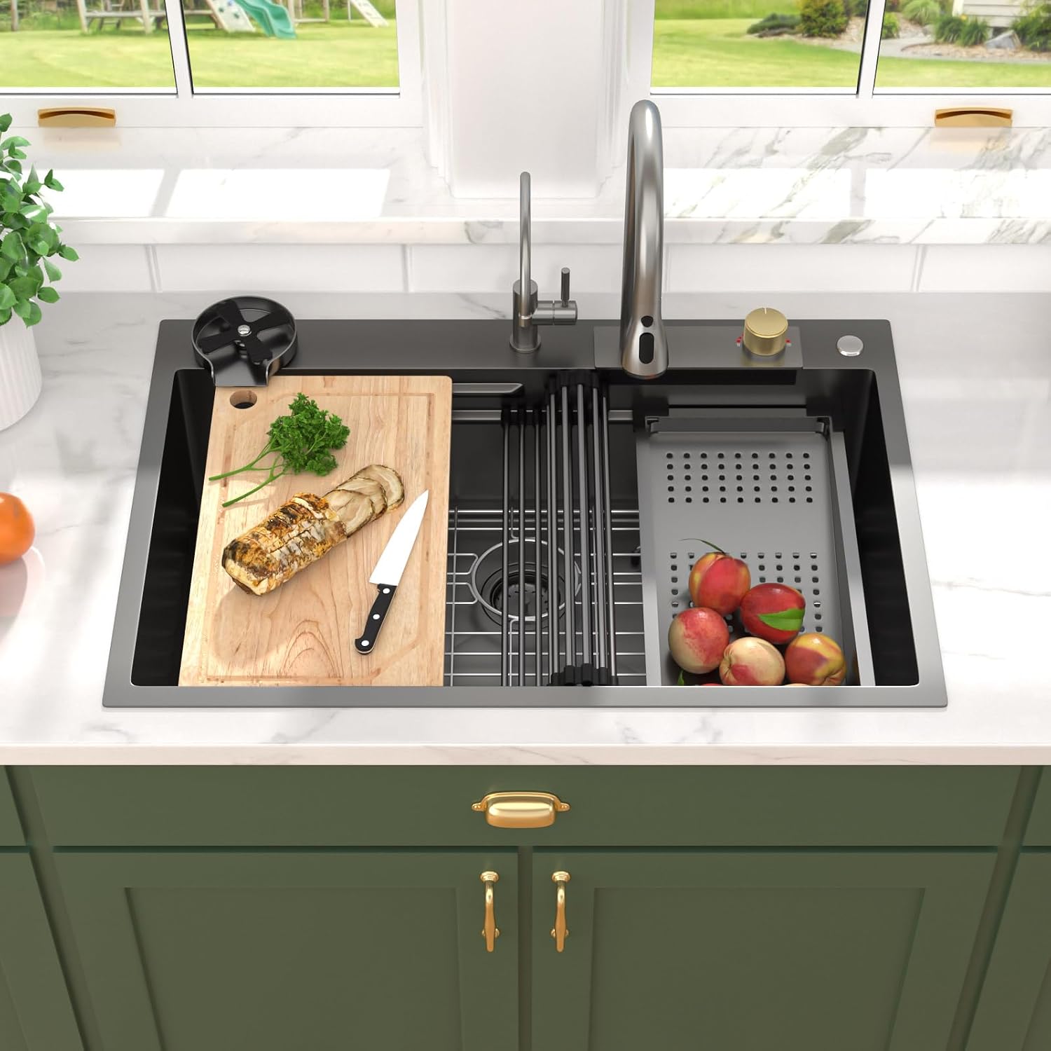 33x22 Gunmetal Black Drop In Kitchen Sink with Faucet, Waterfall Feature & Cup Washer, 16 Gauge 304 Stainless Steel, Workstation Accessories 3-Holes Sink for Residential Kitchen #TLWF-0001