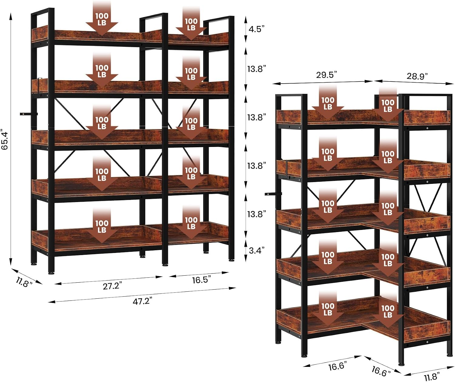 GarveeLife 5-Tier Corner Bookshelf, L-Shaped Reversible Bookshelf, 65' Industrial Wooden Bookcase with Open Shelves, Metal Frame Shelf with Adjustable Feet, Corner Storage Rack for Home Office