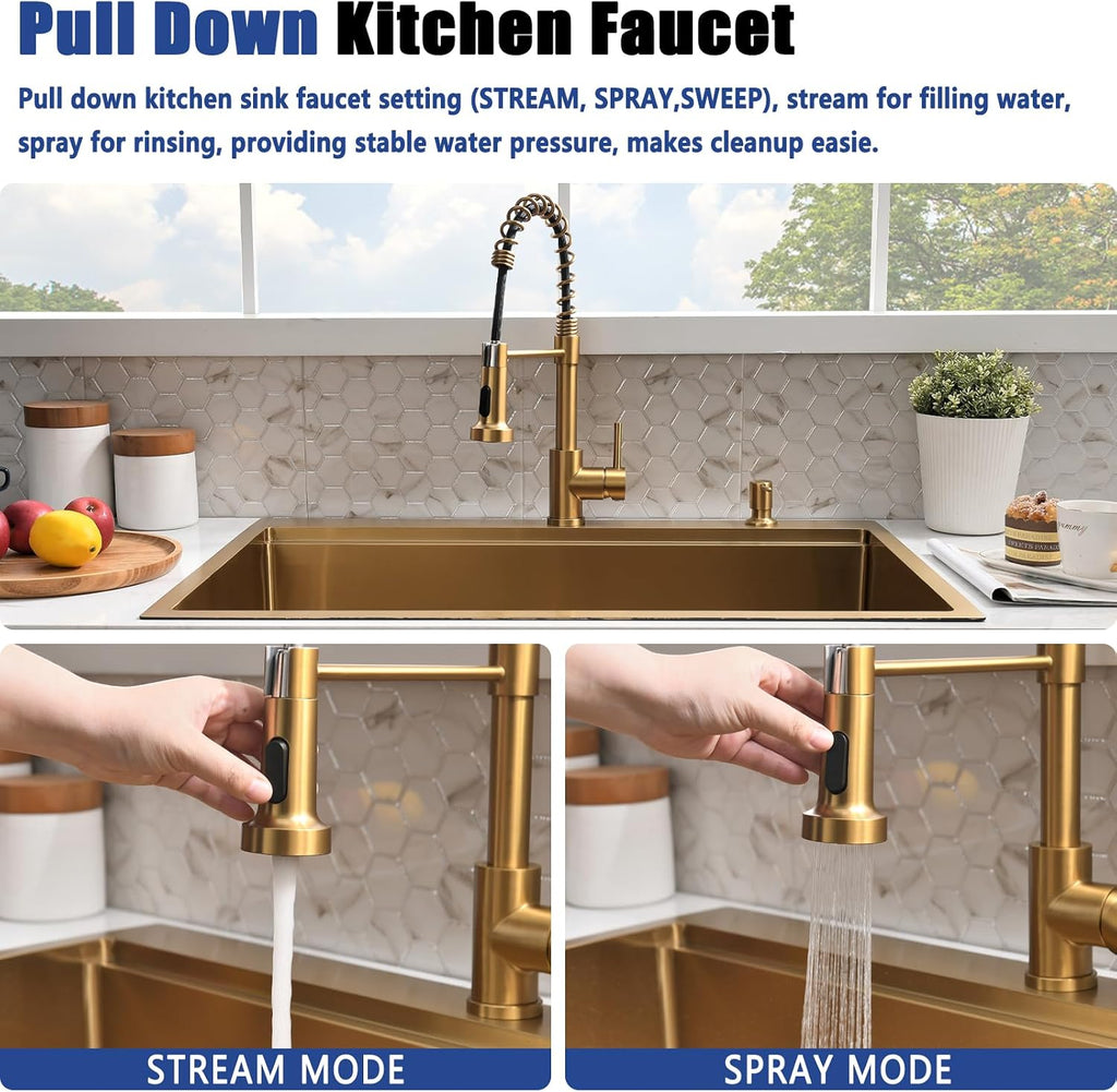 33x19 Inch Gold Drop In Kitchen Sink with Faucet - Brushed Finish Stainless Steel Single Bowl Workstation Sinks, Includes Accessories Set, Easy to Install for Home & Restaurant
