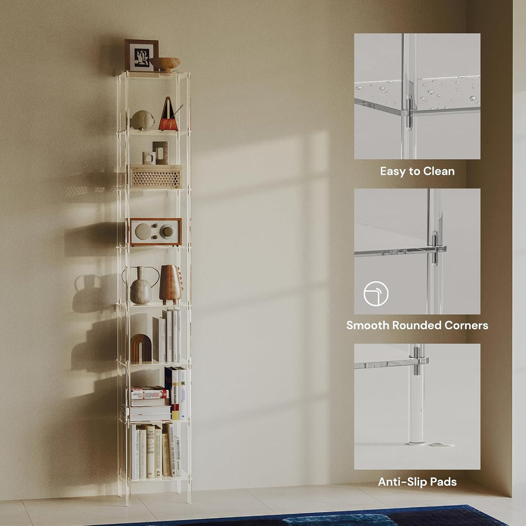 8-Tier Square Acrylic Bookshelf, Clear Tall Narrow Bookcase for Small Space, Corner Open Display Book Shelves for Home Office, Living Room, Bedroom, Modern, 11.6''W x 73.7''H