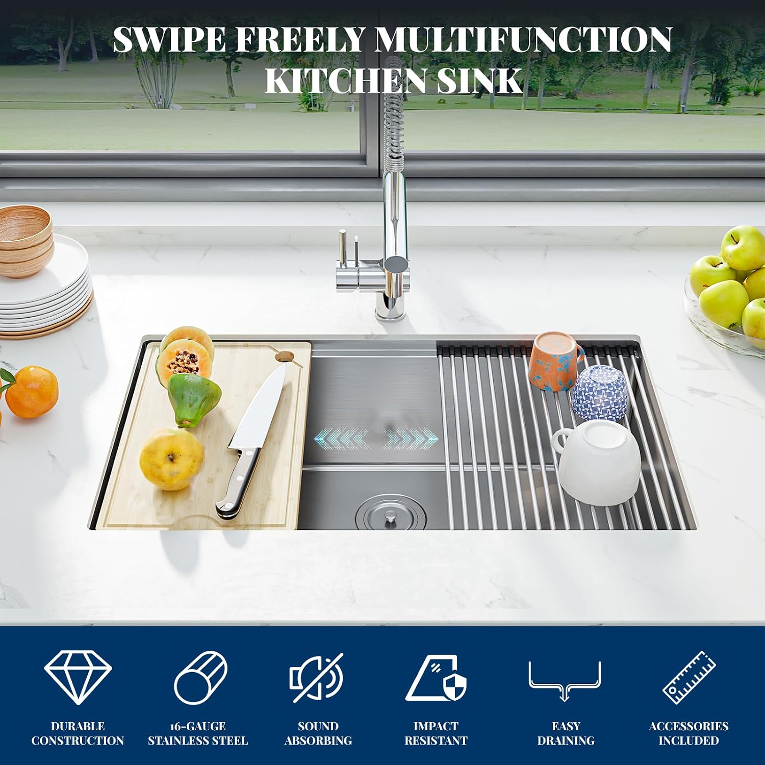 30 x 19 Drop-In Workstation Kitchen Sink – 16 Gauge Stainless Steel Topmount Sink, 10' Deep Undermount Single Bowl & 6 Accessories