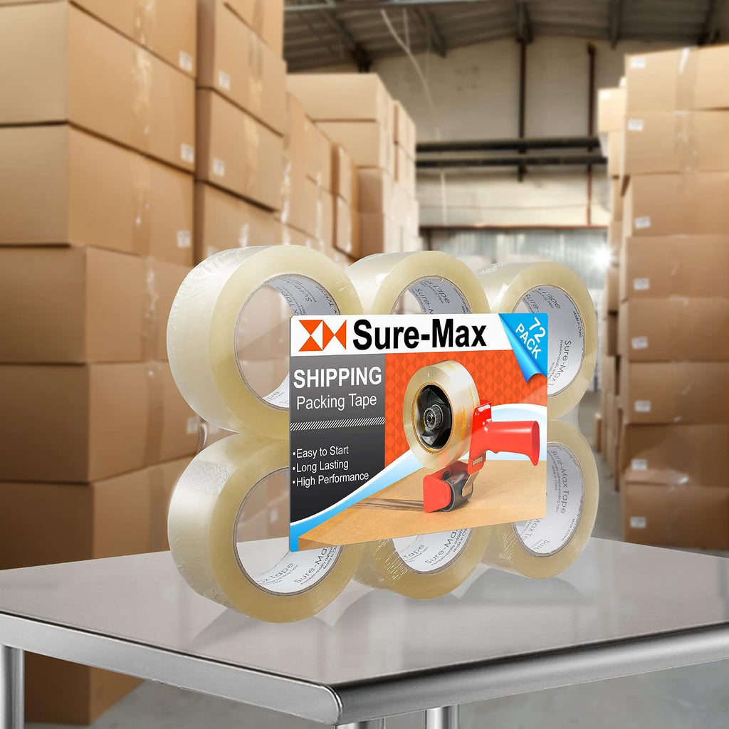 Sure-Max Premium Carton Packing Tape 2.0 mil 330 Feet (110 Yards) - Clear - 2 Cases (72 Rolls Total)