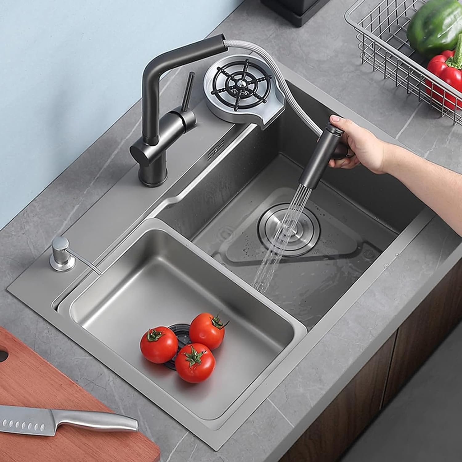 304 Stainless Steel Single Bowl Kitchen Sink Multi-Functional Bar Sink Nano RV Sink with Faucet and Cup Washer Top Mount Or Undermount (Color : Gray, Size : 65x45x21cm) (Gray 60x45x21cm)