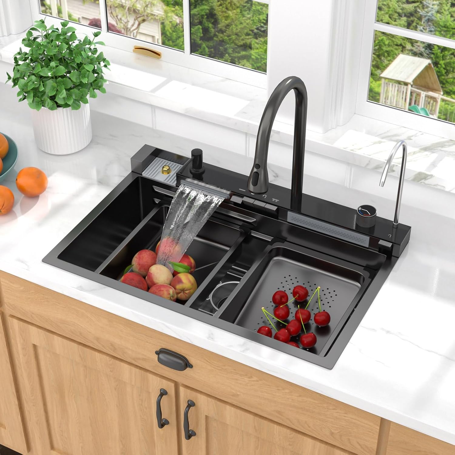 Smart Waterfall Kitchen Sink 30 Inch, Gunmetal Black Drop In 16 Gauge Stainless Steel Single Bowl Workstation Sink with Pull-Down Faucet, Cup Washer & Multi-Function Spray#TLWF-0004
