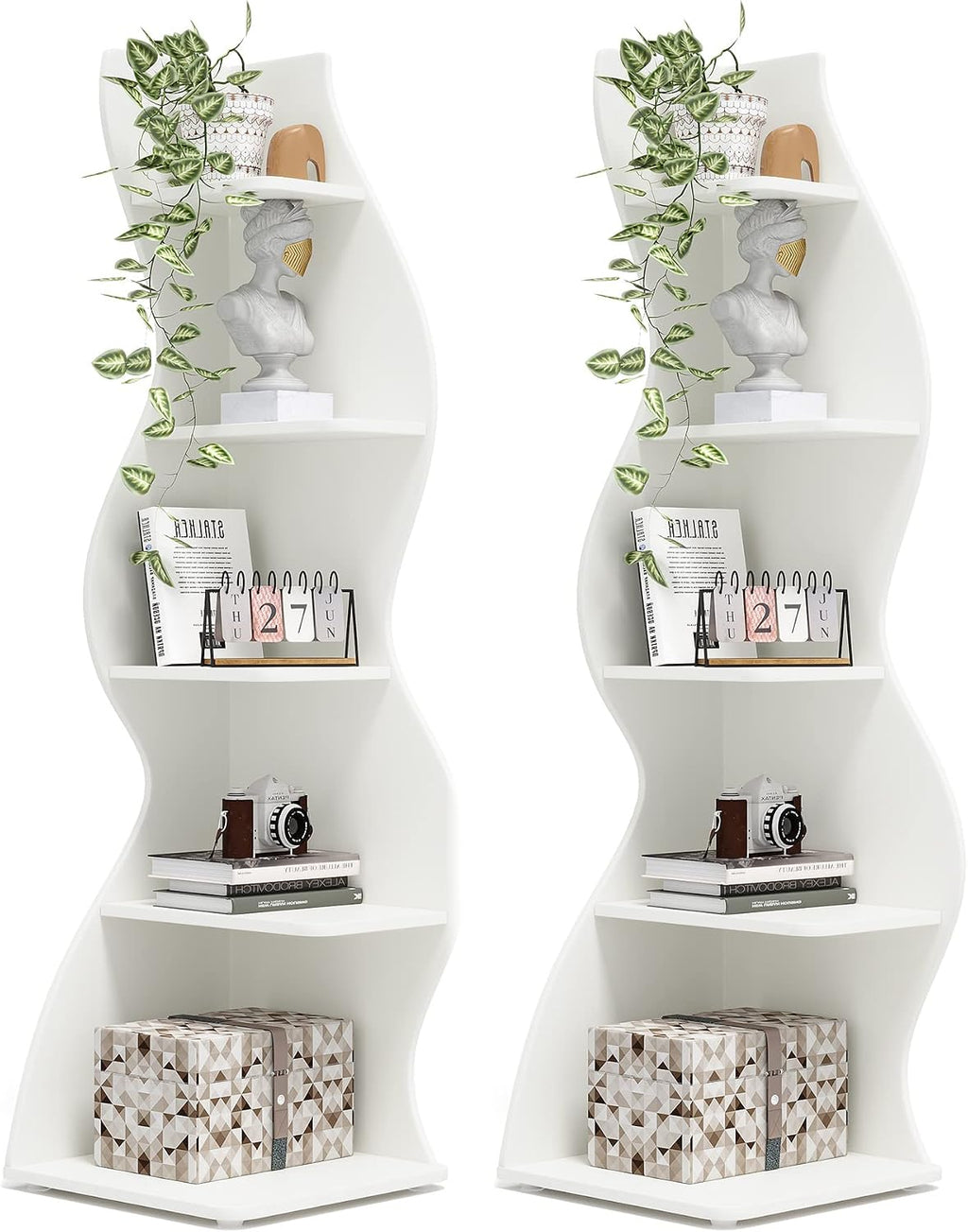 Tribesigns Corner Shelf, Modern 5-Tier Wall Corner Bookshelf Set of Two, Stylish Corner Small Bookcase Storage Rack Plant Stand for Living Room, Home Office, Kitchen, Small Space White, 2PCS
