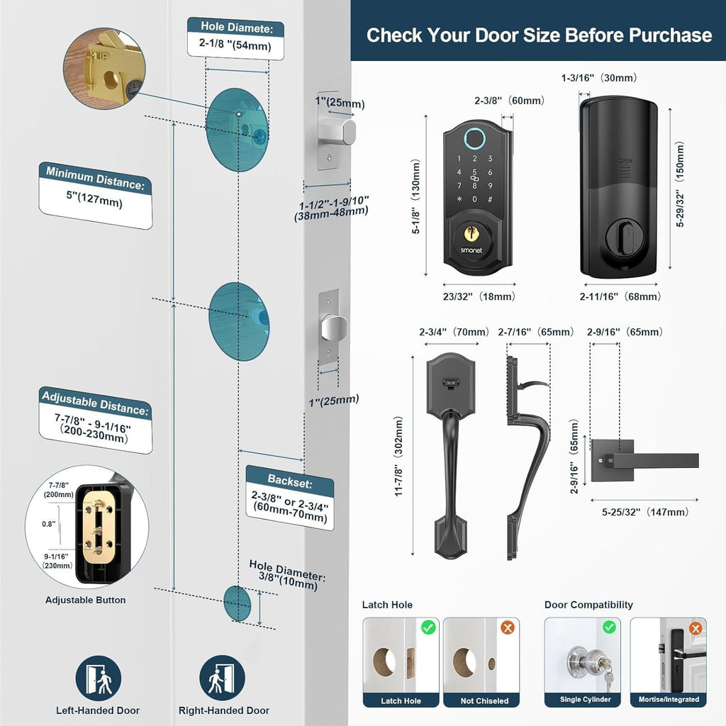 Smart Lock Front Door Set - SMONET Keyless Entry Door Lock with Handle Smart Front Door Lock Set Fingerprint Smart Deadbolt Bluetooth Electronic Digital Keypad Lock Auto Compatible with Alexa