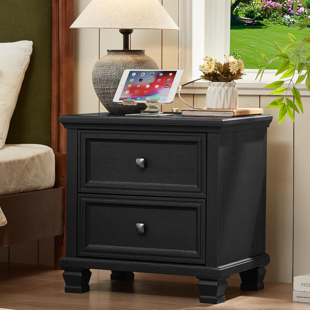 SAVOR LIFE Farmhouse Nightstand with Charging Station, Rustic Low Night Stand with 2 Drawers, Mid-Century Modern End Table with 4 Square Solid Wood Legs, Small Dresser for Bedroom, Home, Black