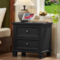 SAVOR LIFE Farmhouse Nightstand with Charging Station, Rustic Low Night Stand with 2 Drawers, Mid-Century Modern End Table with 4 Square Solid Wood Legs, Small Dresser for Bedroom, Home, Black
