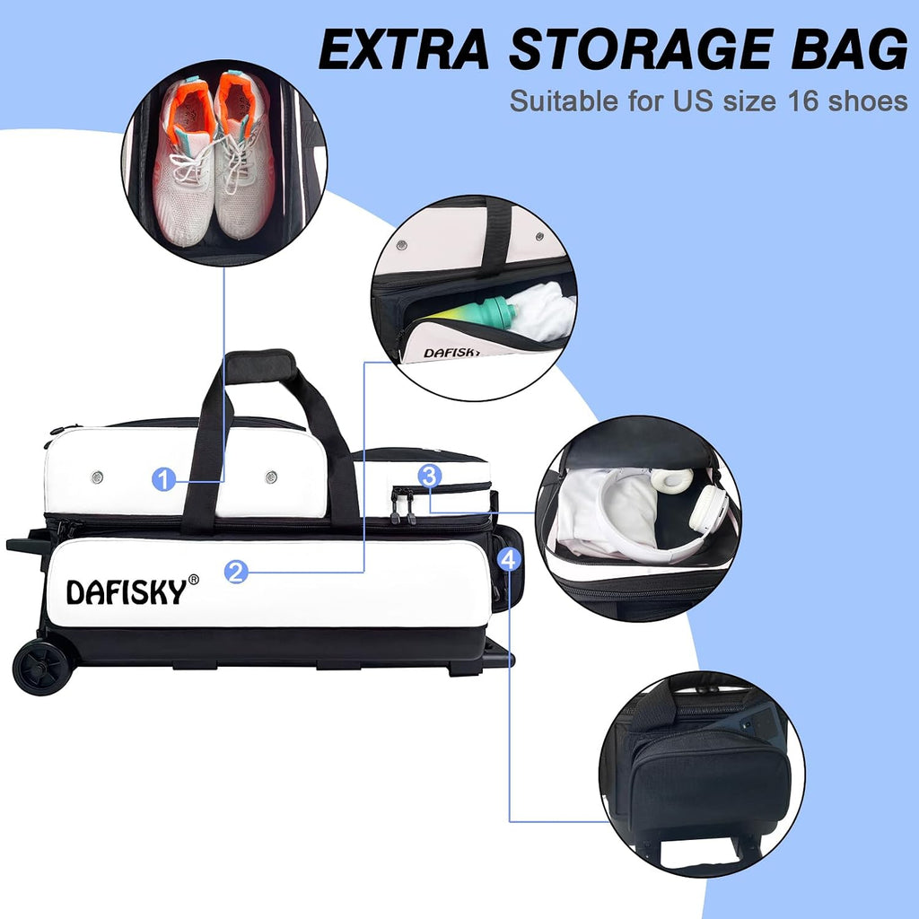 DAFISKY 3 Ball Bowling Bags with Wheels, Roller Bowling Bag with Multiple Pockets Retractable Handle Extends to 38''