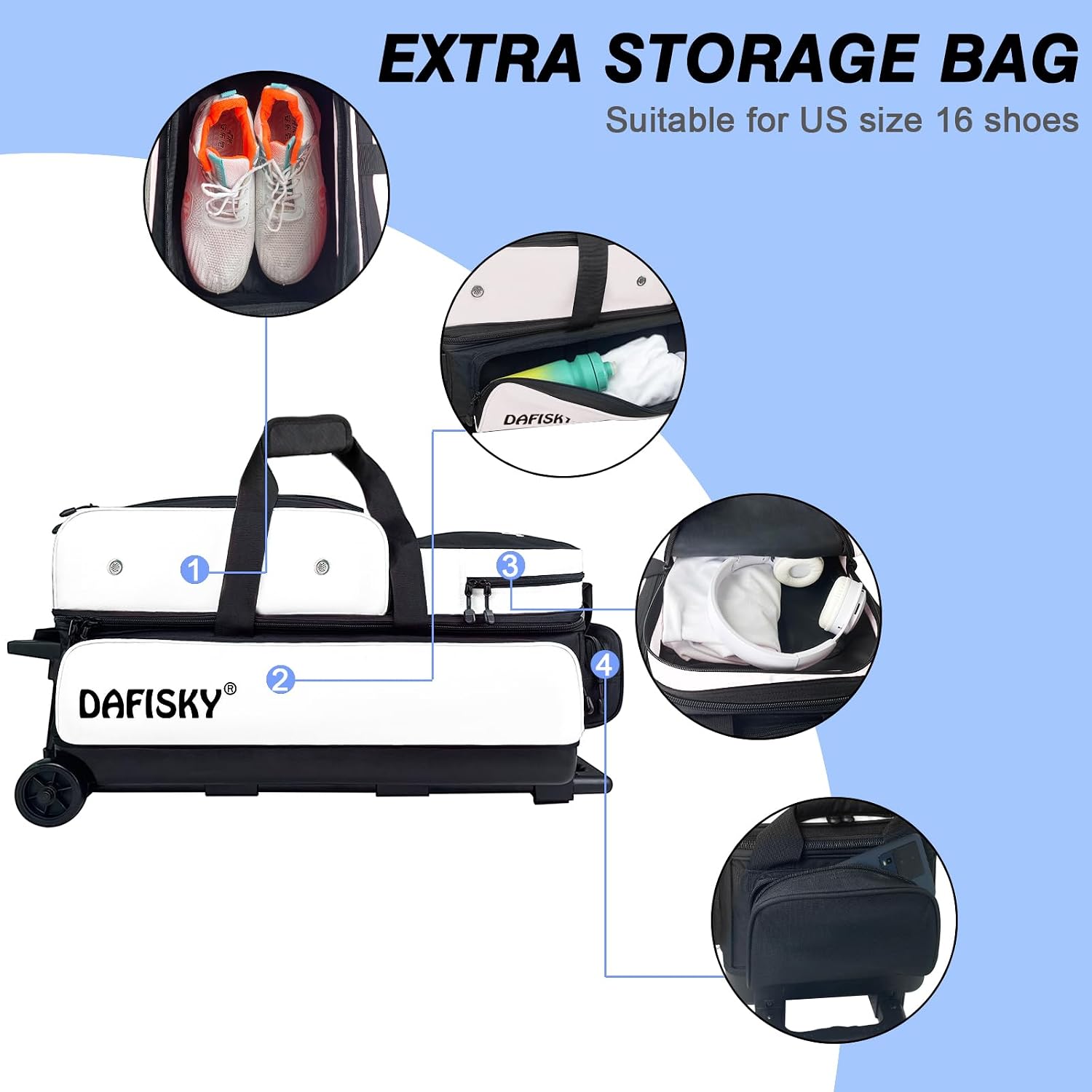 DAFISKY 3 Ball Bowling Bags with Wheels, Roller Bowling Bag with Multiple Pockets Retractable Handle Extends to 38''