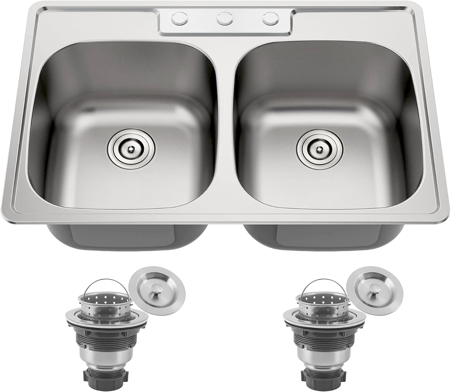 33 Inch Drop In Double Bowl Kitchen Sink, 33x22 Topmount 18 Gauge 304 Stainless Steel 50/50 Kitchen Sinks, Three Holes with Basket Strainer, 33' x 22' x 9'