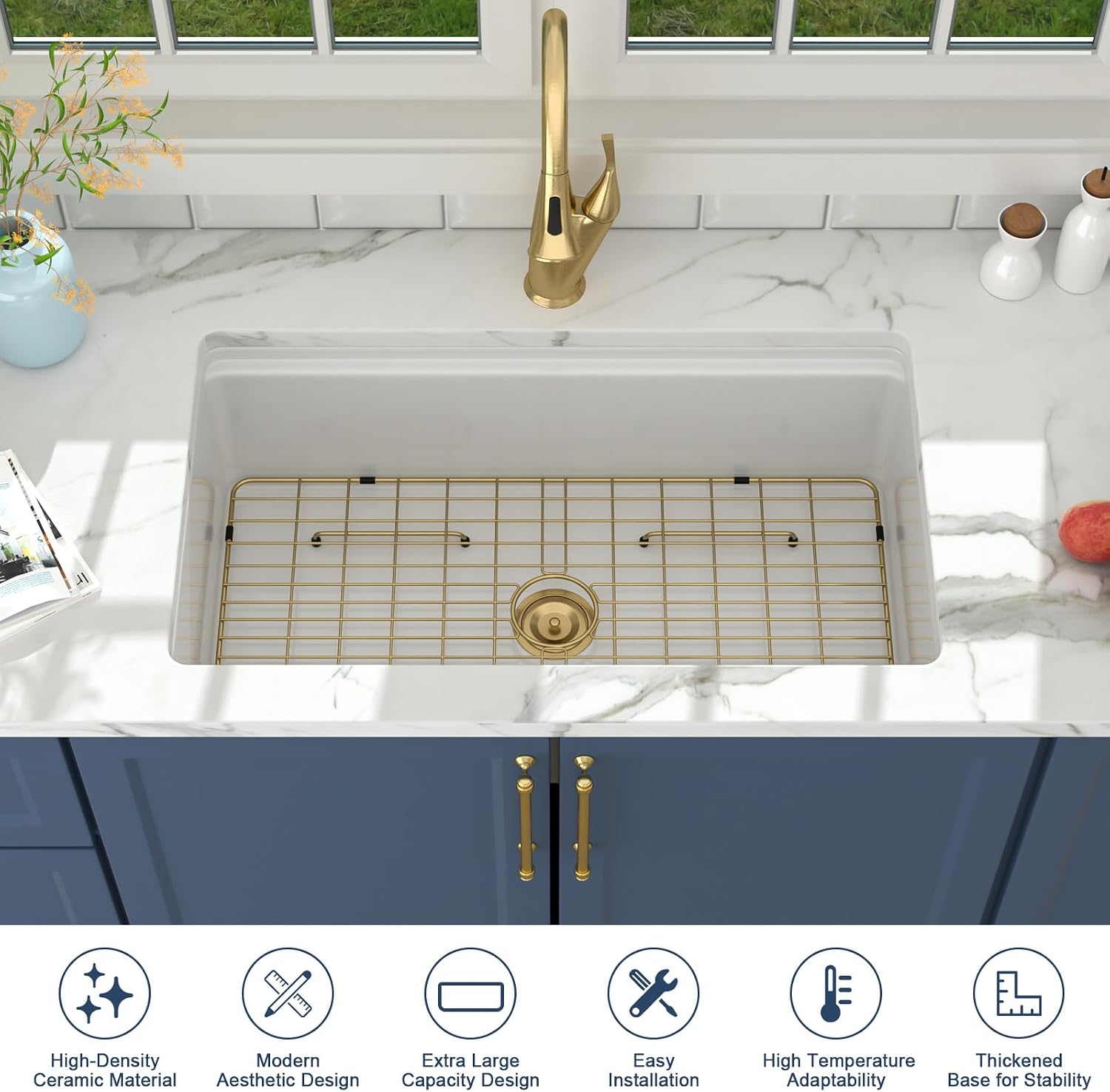 Lordear 33 Inch White Kitchen Sink Fireclay Porcelain Ceramic Undermount Sinks Single Bowl Rectangular Basin Workstation with Slide Ledge Dual Mount 33x19x10 Inch