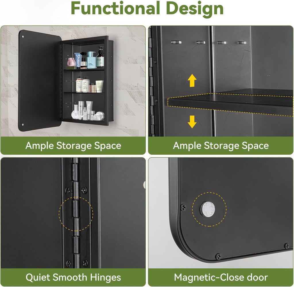 16 x 24 Black Bathroom Medicine Cabinet with Mirror Metal Frame Recessed Or Wall Mounted Single Door Storage Medicine Cabinets with Adjustable Shelves Rounded Corner Beveled Mirrors