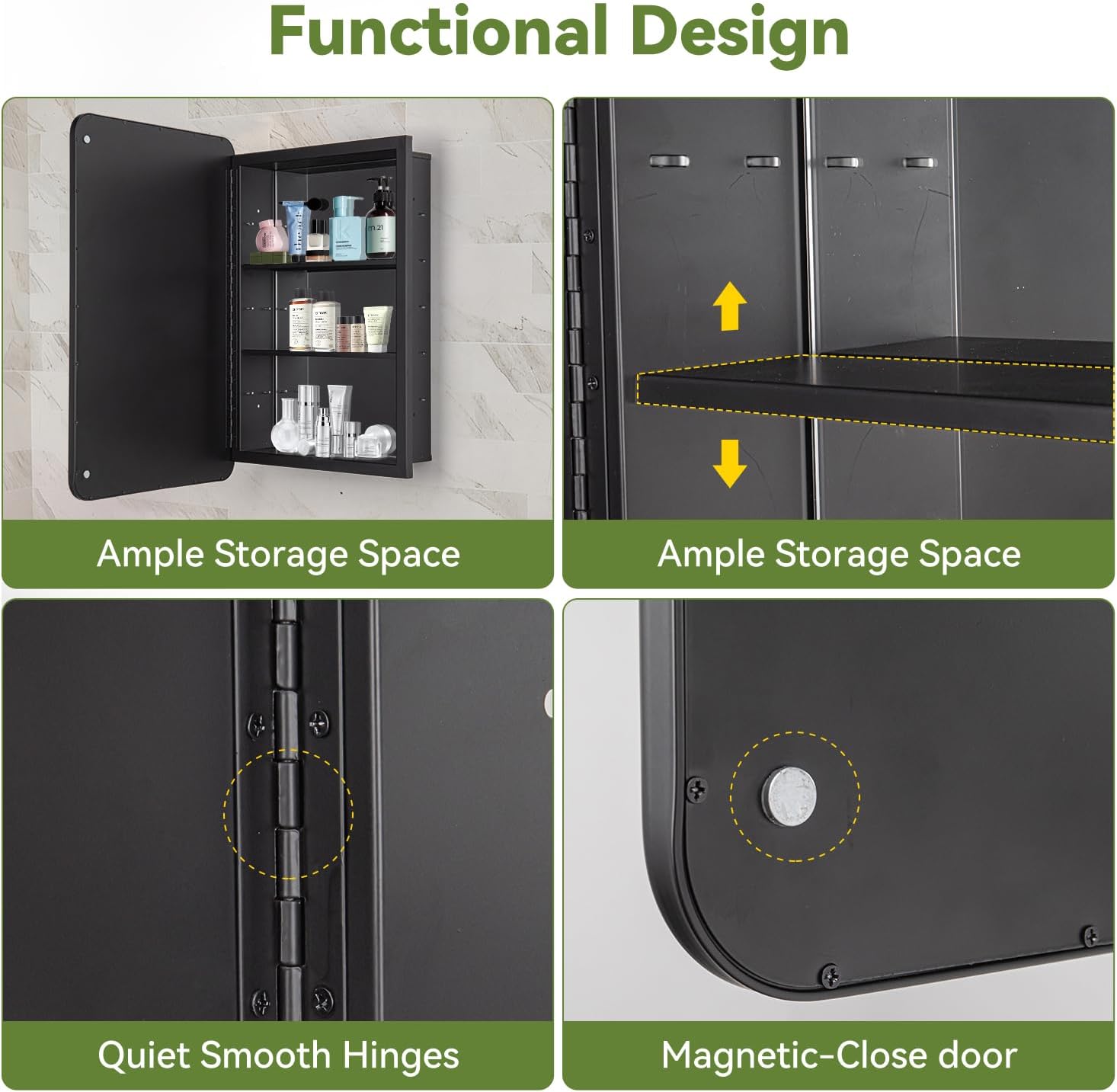 16 x 24 Black Bathroom Medicine Cabinet with Mirror Metal Frame Recessed Or Wall Mounted Single Door Storage Medicine Cabinets with Adjustable Shelves Rounded Corner Beveled Mirrors