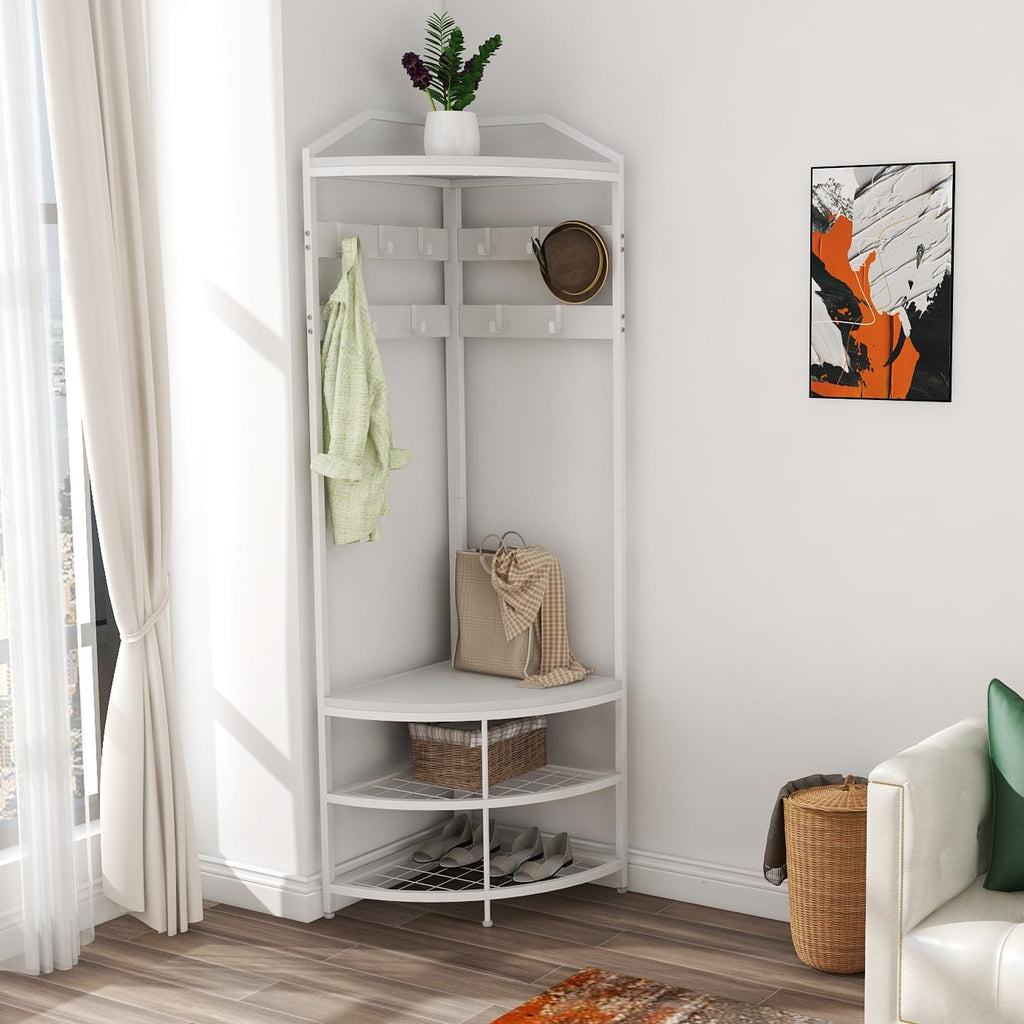 GiftGo Corner Hall Tree with Shoe Bench Entryway Coat Rack with 10 Metal Movable Hooks Freestanding Clothes Rack Shoes Shelf Organizer for Home Office Bedroom (White)