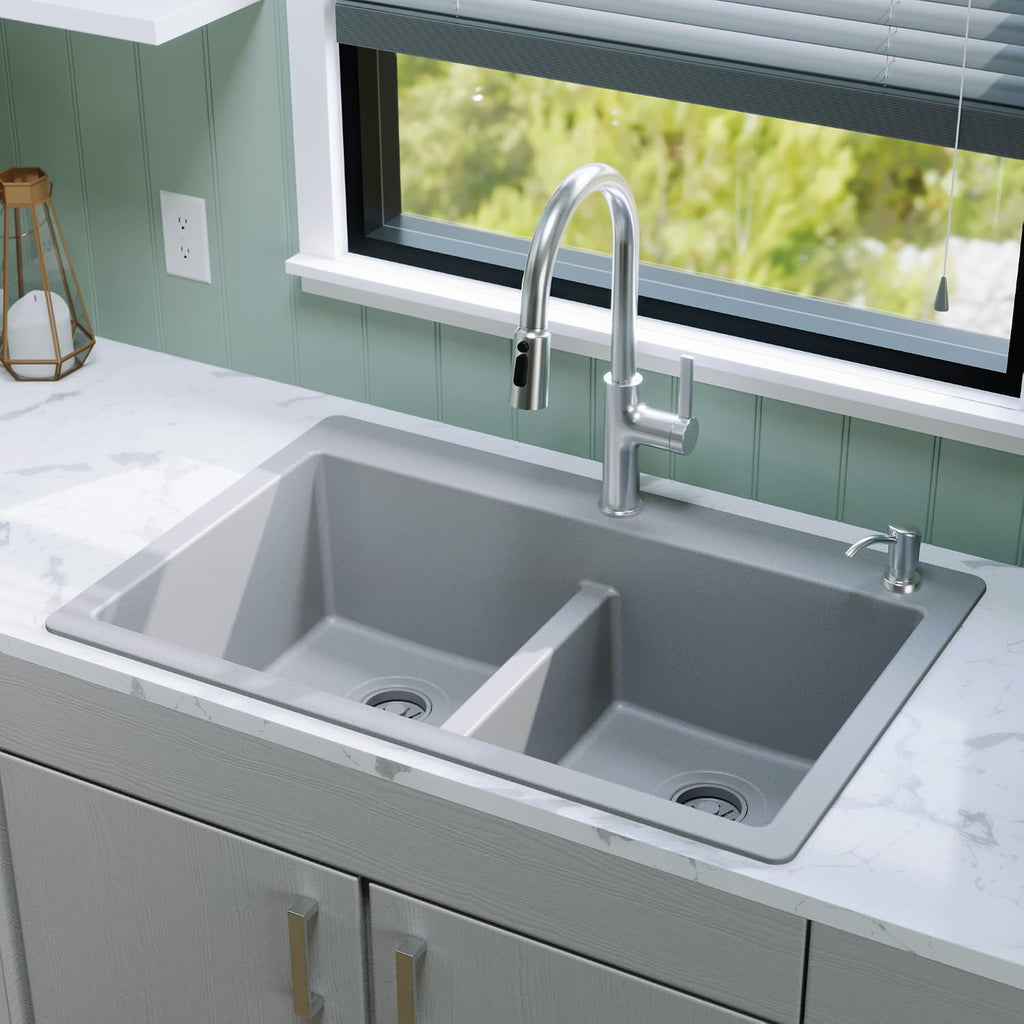 Karran 33' Grey Quartz Composite Double Bowl Kitchen Sink – Top Mount Drop-In 50/50 Low Divider, 80% Natural Quartz, 535°F Heat Resistant, Sound Dampening, Granite Composite, QT-810