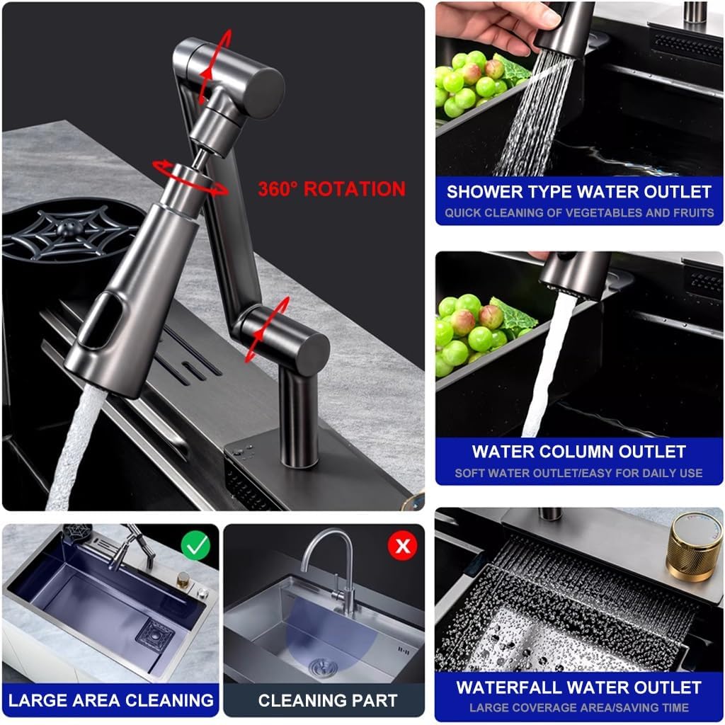 Waterfall Sink with 1080° Rotating Faucet Stainless Steel Single-Bowl Kitchen Workstation Sink with Pull-Out Faucet and Cup Washer Dual-Mount (Color : Black, Size : 68x46x21cm) (Black 68x46x21cm)