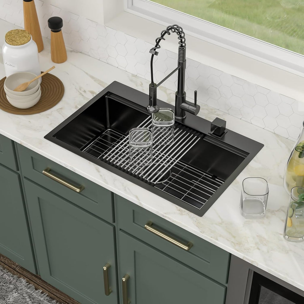 Logmey 30 Inch Drop In Kitchen Sink Workstation 30x19x9 Inch Gunmetal Black Topmount Sinks Stainless Steel 16 Gauge Overmount Kitchen Sink