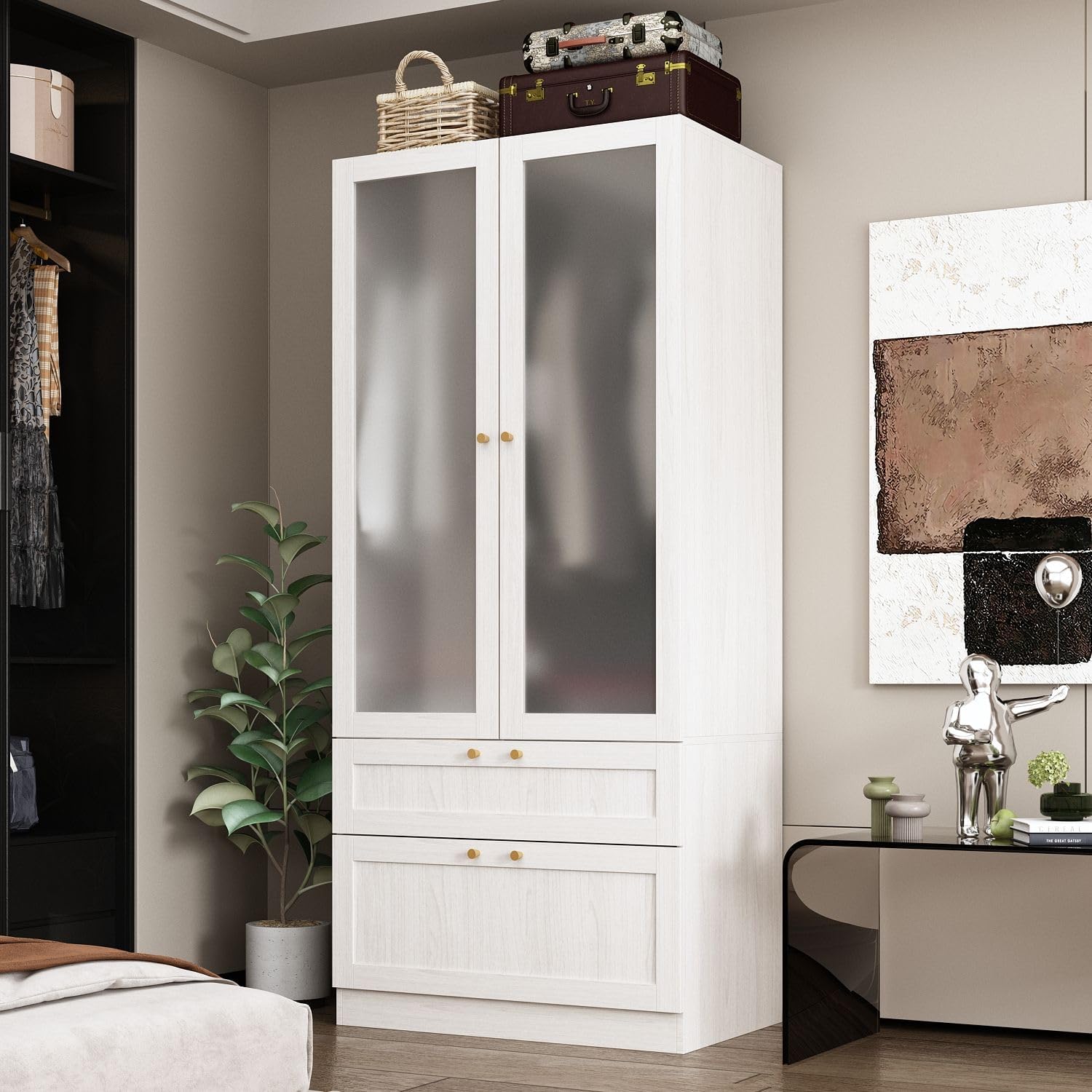 MOUMON Modern Wardrobe with Drawers, Bedroom Armoires with Frosted Glass Doors and Hanging Rod, Armoire Wardrobe Closet with Gold Knobs, Wood Grain 31.5' W x 19.9' D x 70.9' H