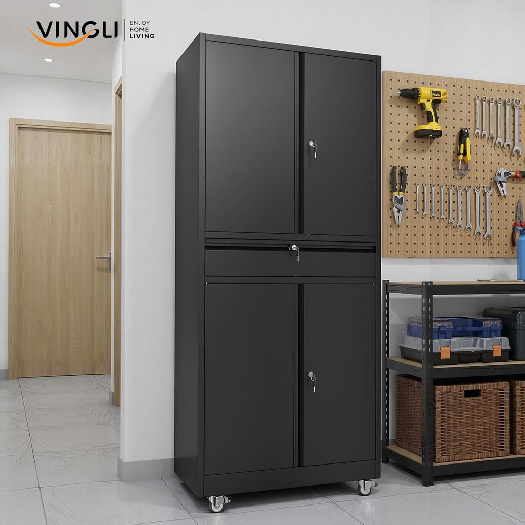 VINGLI 4 Doors & 1 Drawer Metal Storage Cabinet with Locking Wheels & Adjustable Shelves, Lockable Tool Storage Cabinet, Heavy-Duty Garage Storage Cabinet for Home, Garage, Workshop, Office (Black)