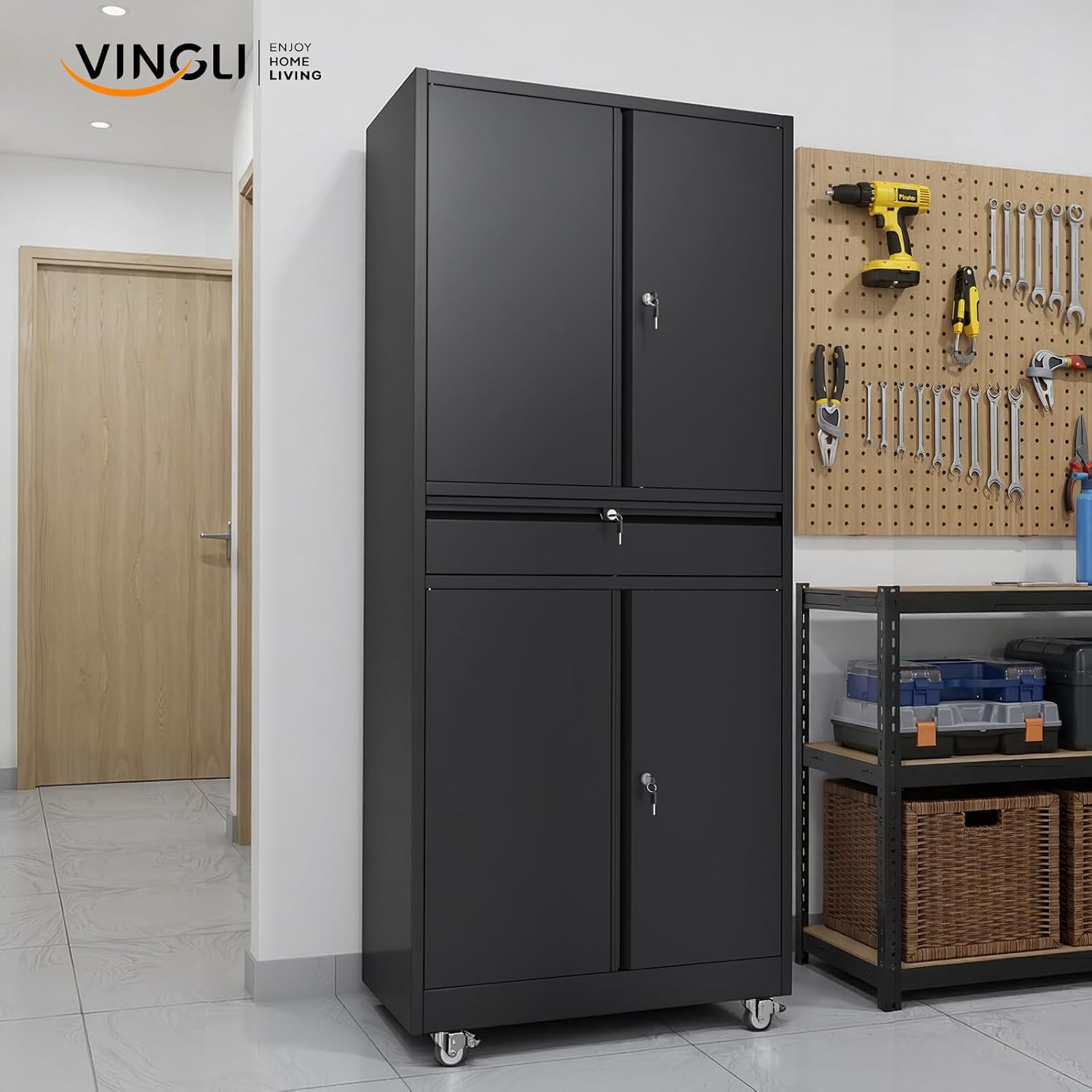 VINGLI 4 Doors & 1 Drawer Metal Storage Cabinet with Locking Wheels & Adjustable Shelves, Lockable Tool Storage Cabinet, Heavy-Duty Garage Storage Cabinet for Home, Garage, Workshop, Office (Black)
