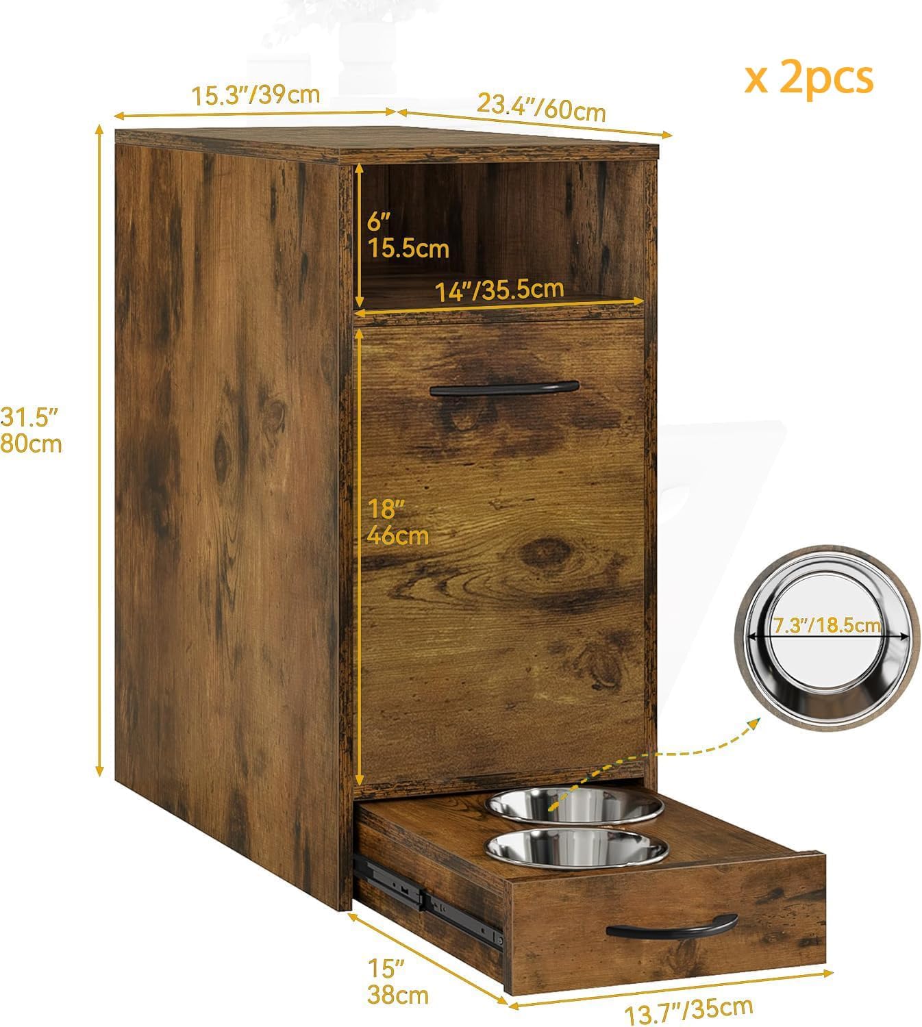 DWVO 30.6' Dog Feeding Station with Storage, Tilt-Out Dog Food Cabinet with 4 Feeder Bowls, Pull Out Elevated Dogs Bowl, Rustic Brown