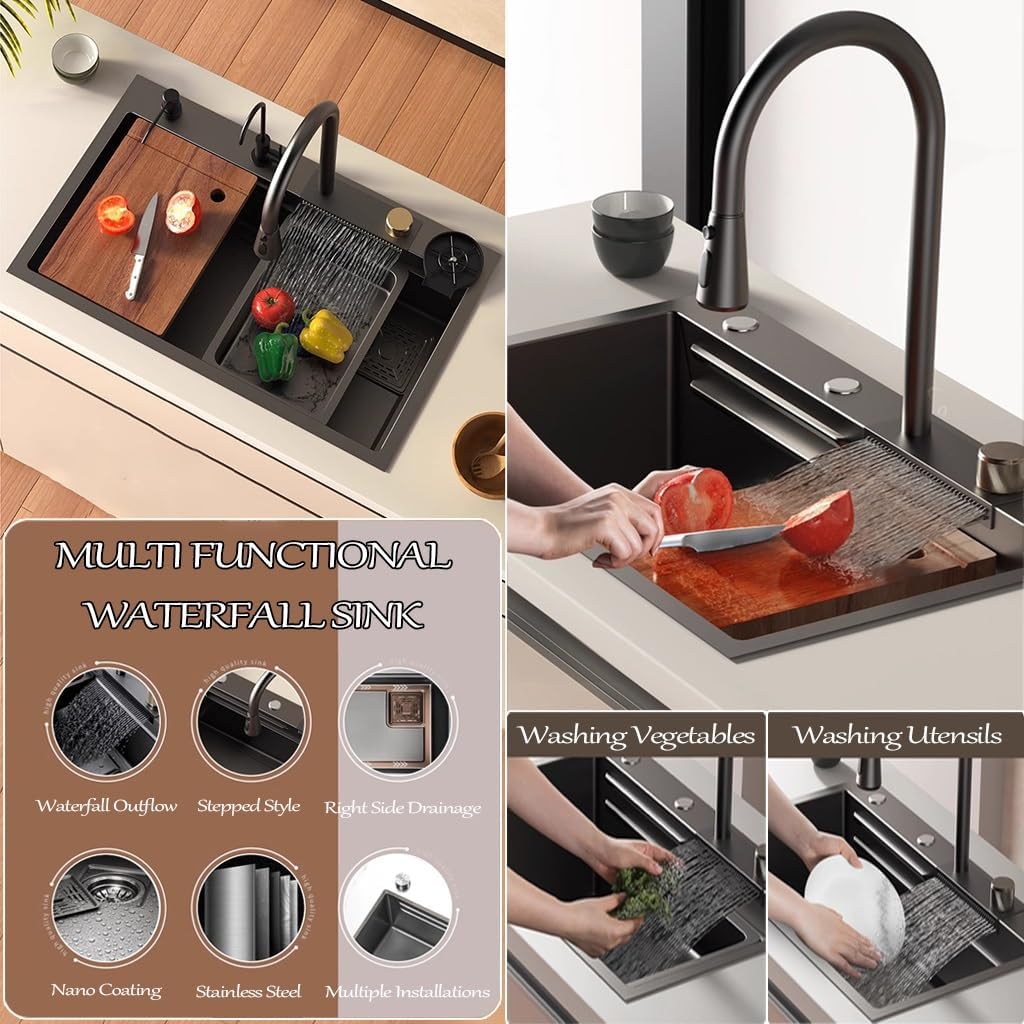 Stainless Steel Waterfall Sink with 3-in-1 Faucet Multifunctional Single Bowl Kitchen Sink with Drain Basket, Drain Basin, Cutting Board, Cup Washer, Draina(Black Grey-68x45x22cm
