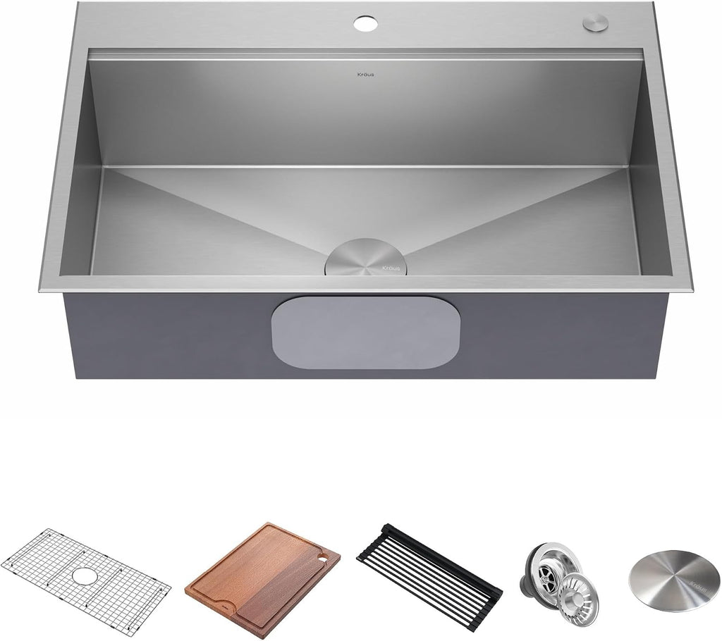 KRAUS Kore 33-in Drop-In Workstation 16 Gauge Stainless Steel Single Bowl Kitchen Sink with Accessories