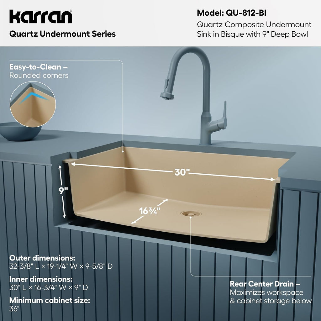 Karran Undermount 33' Large Single Bowl Granite Quartz Composite Kitchen Sink in Bisque – Extra Deep 9' Basin, Heat & Scratch Resistant, Sound Dampening, Rear Drain – QU-812