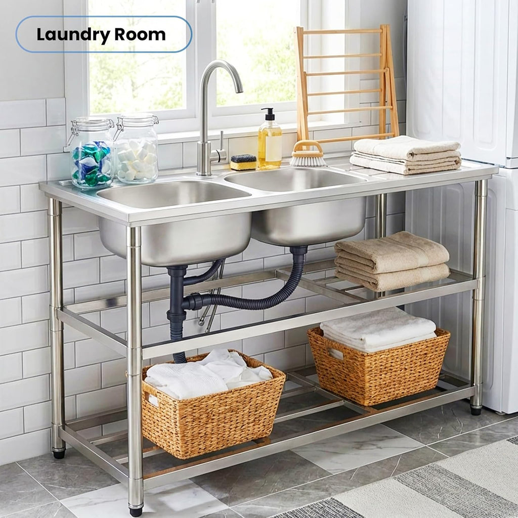 Stainless Steel Commercial Sink with Double Bowls, with 360° Rotation Faucets, Pipe, Workbench, 2-Tier with Storage Shelves Stainless Steel Utility Sink, Freestanding Portable Sink for Home/Restaurant