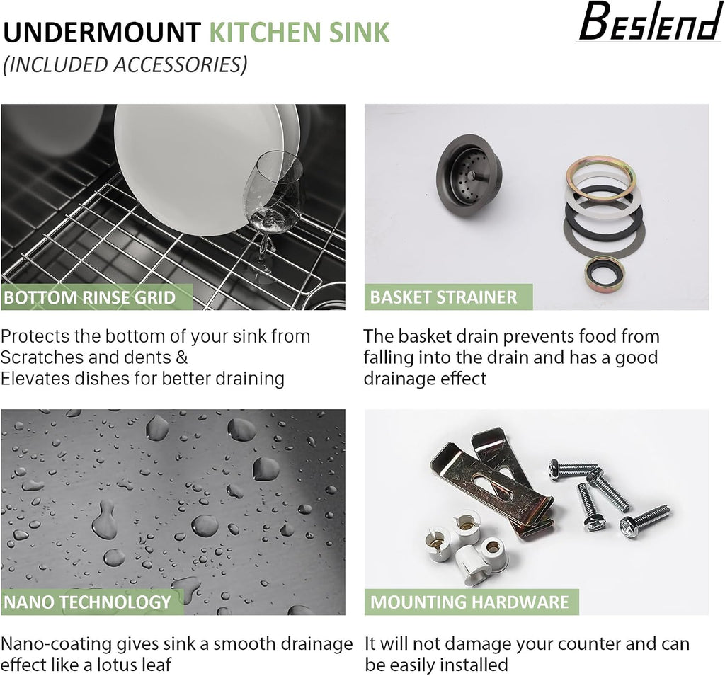 33 Inch Black Undermount Kitchen Sink - Beslend 33'x19'x10' Stainless Steel Gunmetal Black 16 Gauge 10 Inch Deep 50/50 Double Bowl Kitchen Sink Basin, 33 Inch-50/50