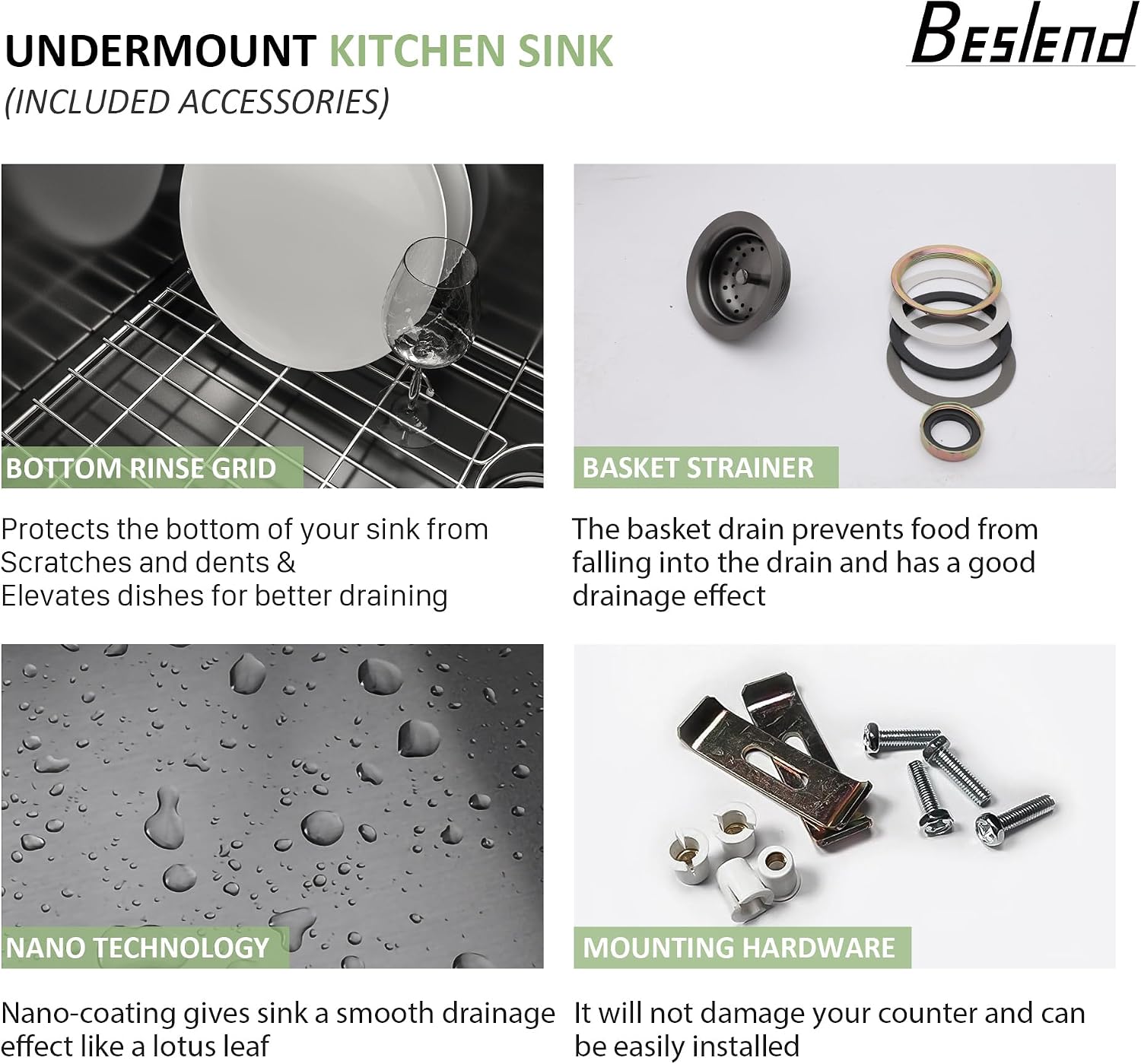 33 Inch Black Undermount Kitchen Sink - Beslend 33'x19'x10' Stainless Steel Gunmetal Black 16 Gauge 10 Inch Deep 50/50 Double Bowl Kitchen Sink Basin, 33 Inch-50/50