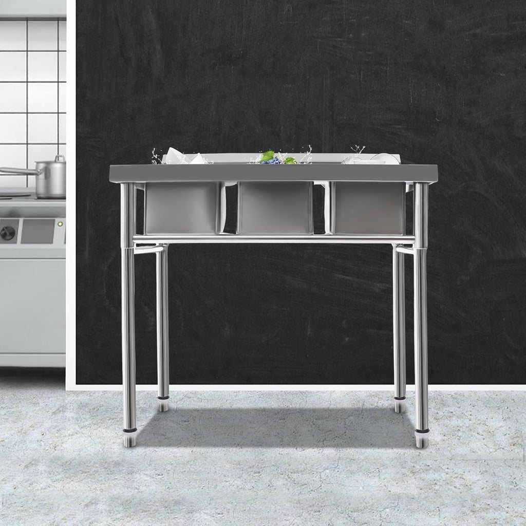 Commercial Utility Sink Stainless Steel 3 Compartment Kitchen Sink with Cold and Hot Water Pipe Freestanding Utility Sinks for Restaurant, Coffee Shop, Bar, Food Truck, 39×18×35.8 inch