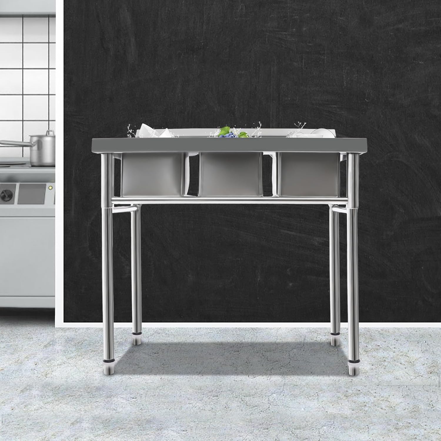 Commercial Utility Sink Stainless Steel 3 Compartment Kitchen Sink with Cold and Hot Water Pipe Freestanding Utility Sinks for Restaurant, Coffee Shop, Bar, Food Truck, 39×18×35.8 inch