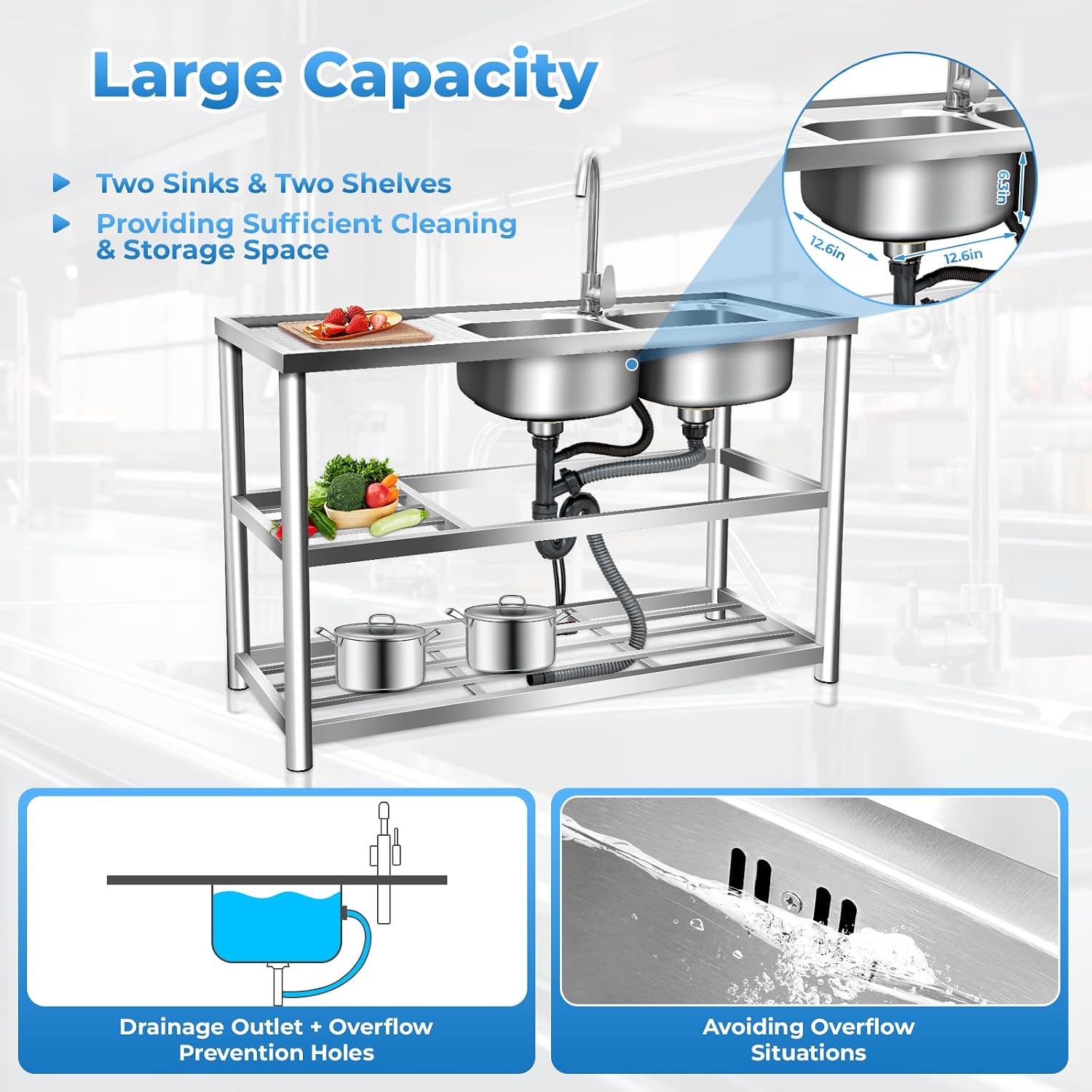 Stainless Steel Utility Sink with Hot & Cold Water Faucet, Freestanding Double Bowl Commercial Sink Set, Outdoor Utility Sink for Kitchen Restaurant Garage(47.2x17.5x31.5in)