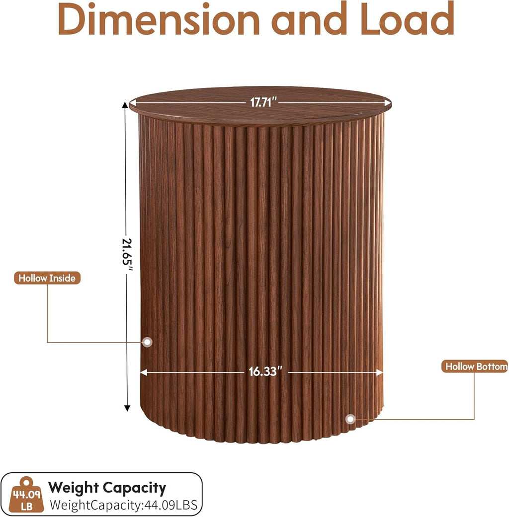 AVZEAR Small Round Side Table Fluted Night Stand Set of 2, 17.7' Mid Century Modern End Table, Circle Bedside Tables Wood Nightstands for Small Spaces, Living Room, Bedroom (Rustic Walnut)