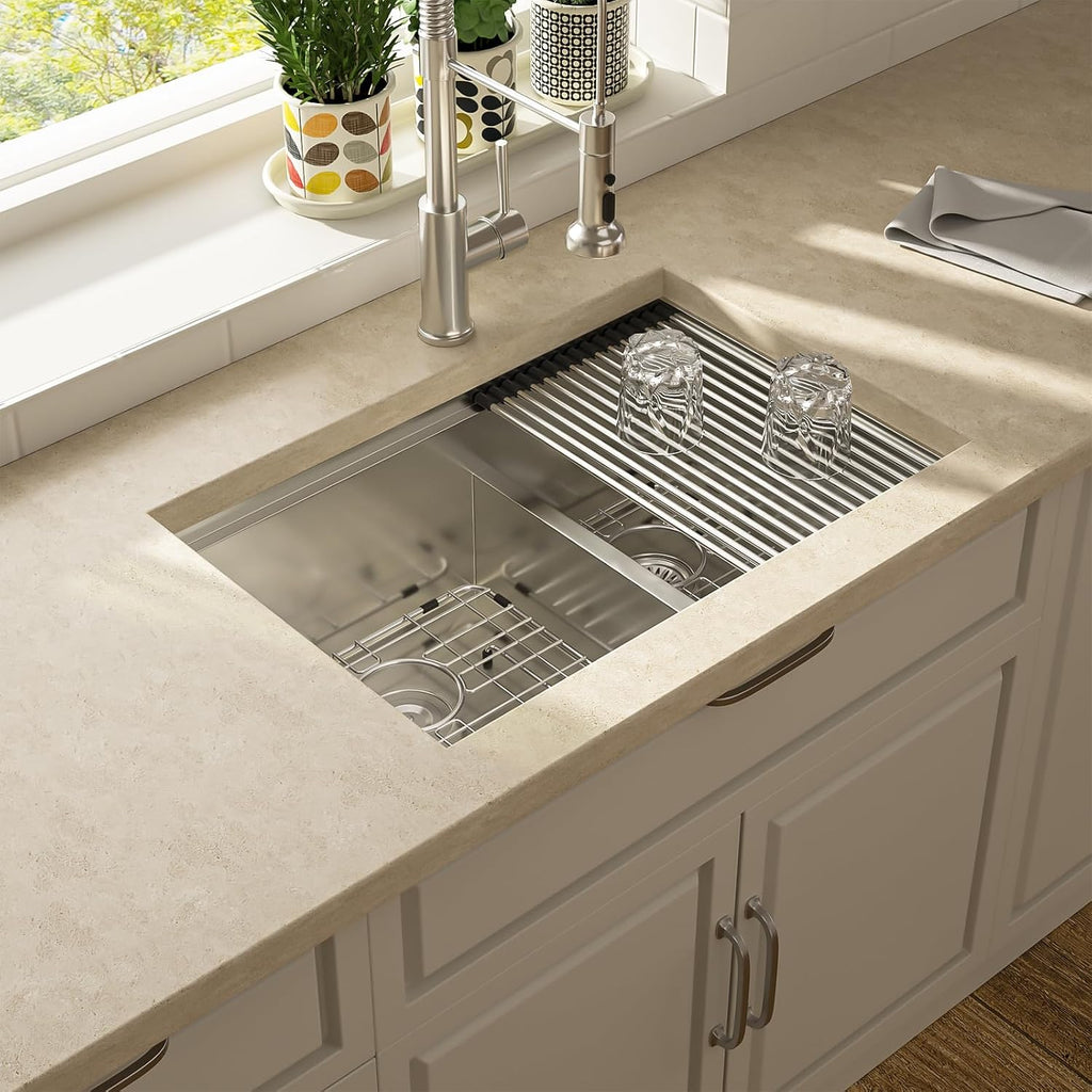 Lordear 28 Inch Undermount Double Bowl Kitchen Sink -16 Gauge Stainless Steel Workstation Sink 50/50 28x19 Double Basin Under Counter Handmade Kitchen Sinks