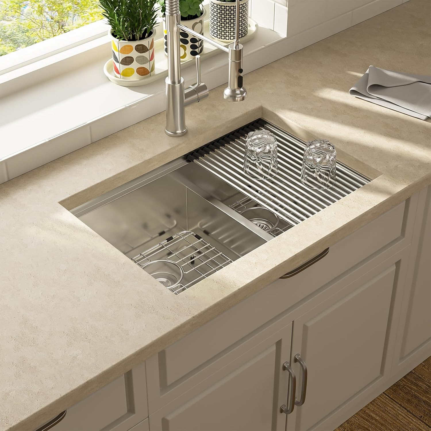 Lordear 28 Inch Undermount Double Bowl Kitchen Sink -16 Gauge Stainless Steel Workstation Sink 50/50 28x19 Double Basin Under Counter Handmade Kitchen Sinks