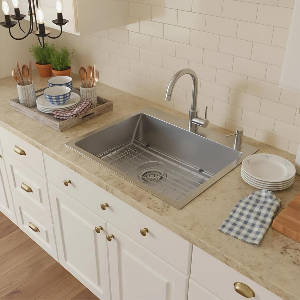 Drop In Kitchen Sink 33x22', 9' Basin Depth, 18 Gauge Stainless Steel Sink, 3D Embossed Surface Finish Top Mount with Accessories