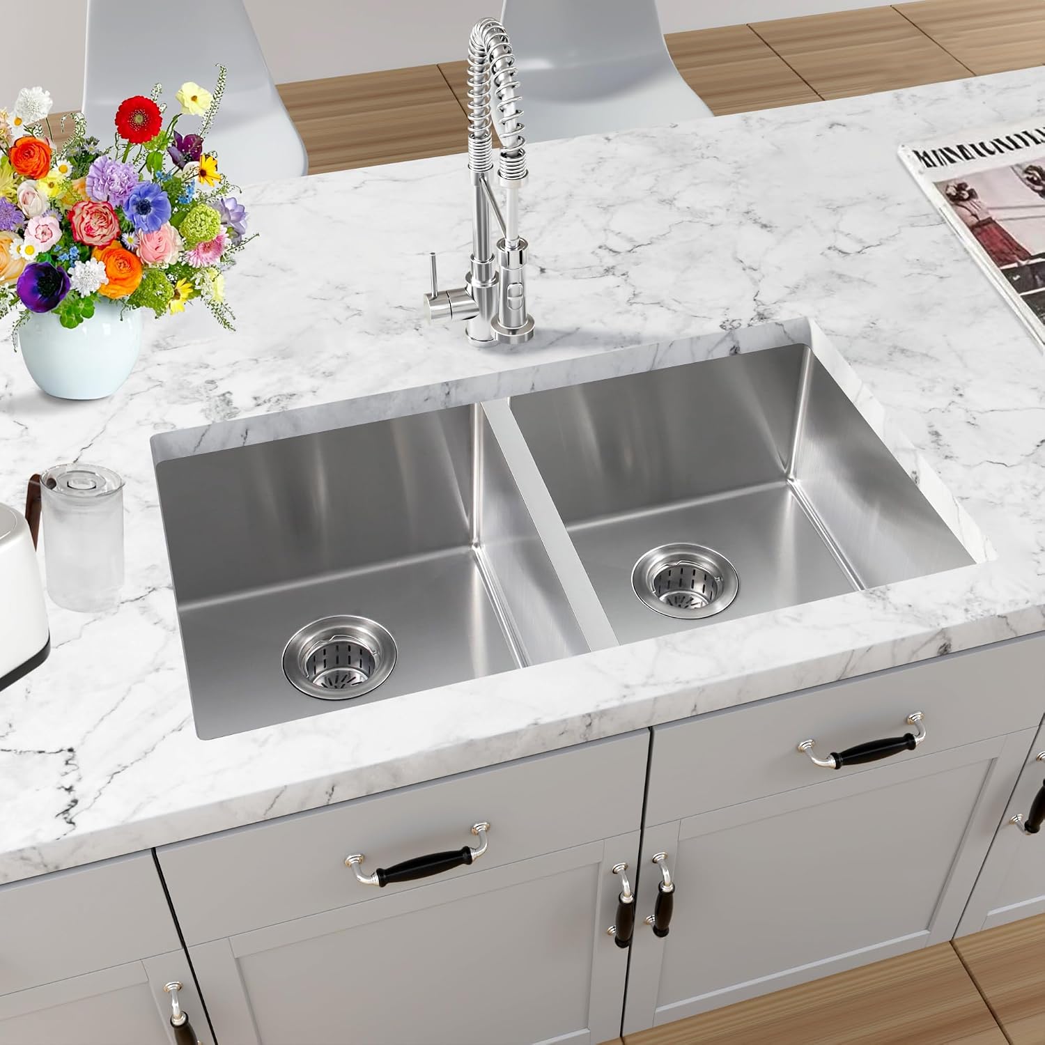 Rhbamoa 30 Inch Undermount Double Sink,16-Gauge T304 Stainless Steel Kitchen Sink 30'' x 18'',50/50 Double Bowl Kitchen Sinks Undermount with Accessories,9 Inch Deep Sinks with Brushed Finish
