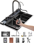 Large Single-Bowl Kitchen Sink 304 Stainless Steel Digital Display Waterfall Sink Multifunctional Bar Sink RV Sink with Pull-Type Faucet Top Mount Or Under (