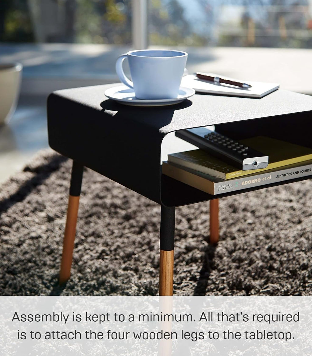 YAMAZAKI Home Plain Side Table with Open Storage Shelf, Rectangular Accent Space Saving Living Room Bedroom Couch End Table - Short, 14' - Steel + Wood