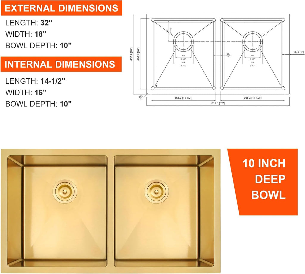 32 Inch Gold Double Bowl Kitchen Sink Undermount 304 Stainless Steel 16 Gauge 50/50 Spacious Double Basin Sinks with Accessories 32' x 18' x 10'