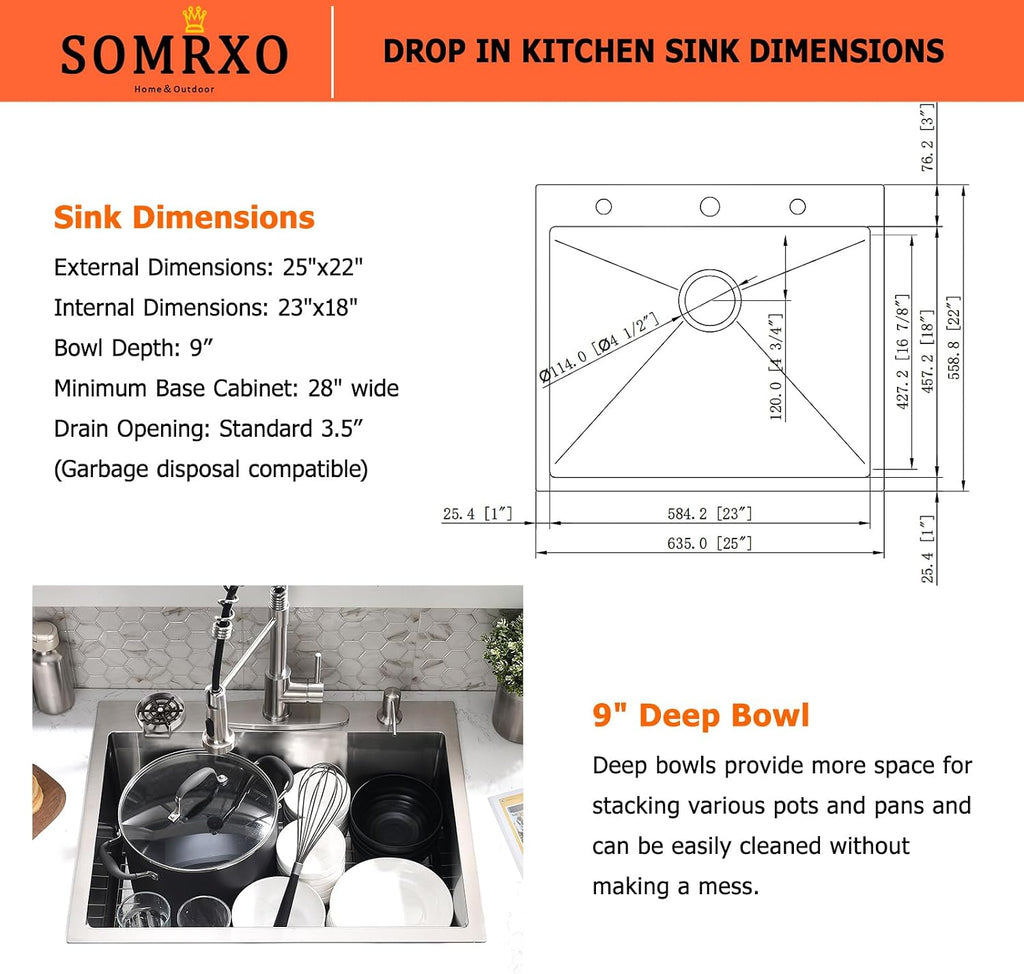 25 Inch Drop In Kitchen Sink with Faucet Combo - Stainless Steel Drop In Sink with Cup Washer, 9 Inch Deep Single Bowl Kitchen Sinks and Faucets Combo Set,Top Mount Design for Modern Kitchens