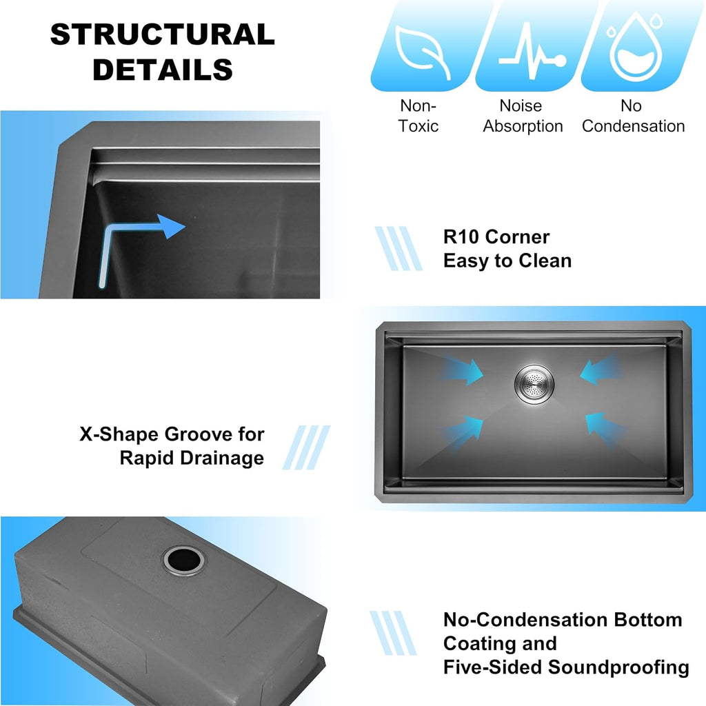 33 Inch Single Bowl Drop In Kitchen Sink, Stainless Steel Kitchen Sink Large Farmhouse Workstation Sinks with Faucet, Single Bowl Topmount Sink, Gunmetal Black