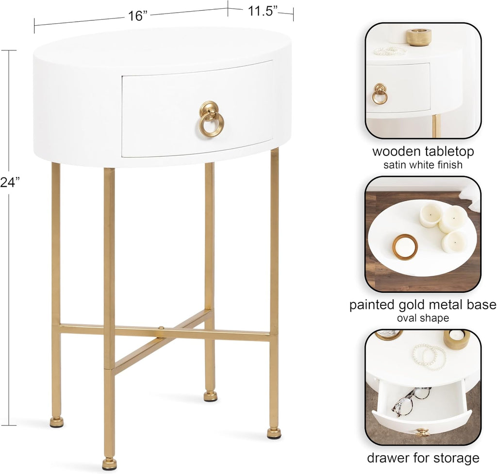 Kate and Laurel Decklyn Decorative Glam Oval Side Table; 16 x 12 x 24; White and Gold; Modern Round Living Room Table with Pull Drawer for Useful Storage