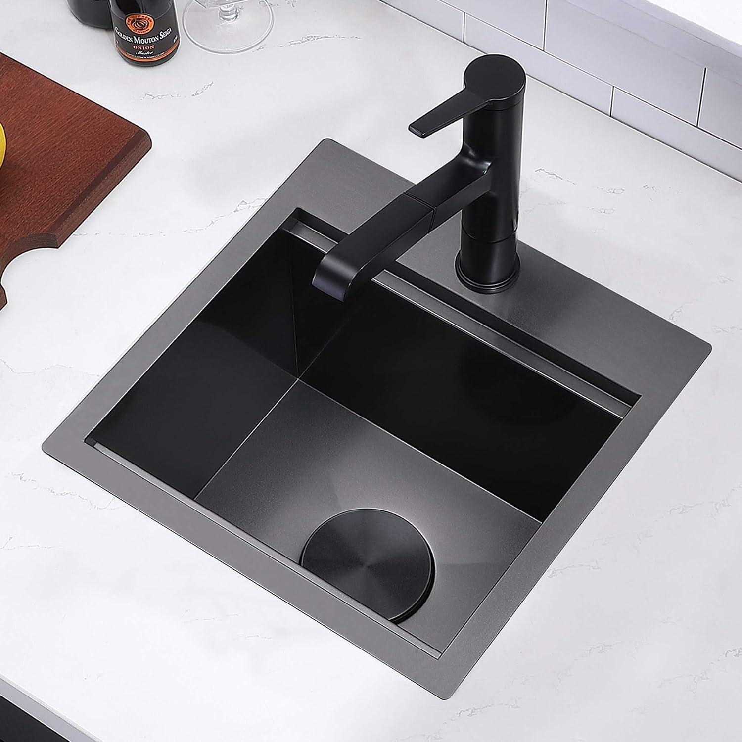 IKEBANA 15x15 Inch Black Drop In Bar Sink Workstation, 16 Gauge Stainless Steel Top Mount Single Bowl Handmade Gunmetal Black Wet Bar Sink for Outdoor Prep RV Laundry with Grid & Cutting Board